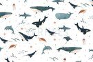 Kinderstoffen - Tricot stof - digitaal walvis orka haai dolfijn - wit - 20/6731-001