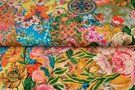 Gele stoffen - Tricot stof - digitaal fantasieprint bloemen - roze geel - 21042-12