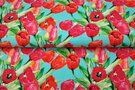Bloemen motief stoffen - Tricot stof - digitaal tulpen - turquoise - 21950-99
