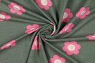 Oud groen - Tricot stof - French Terry - bloemen - oudgroen roze - 22/5799-002