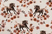 -Tricot stof - bloemen en paarden - ecru - K10100-051 - Tricot stof - bloemen en paarden - ecru - K10100-051