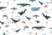 -Tricot stof - digitaal walvis orka haai dolfijn - wit - 20/6731-001 - Tricot stof - digitaal walvis orka haai dolfijn - wit - 20/6731-001