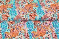 -Tricot stof - digitaal fantasie tijgers - turquoise oranje - 21212-14 - Tricot stof - digitaal fantasie tijgers - turquoise oranje - 21212-14