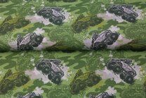 -Tricot stof - French Terry - digitaal monster truck - multi groen - 22530-10 - Tricot stof - French Terry - digitaal monster truck - multi groen - 22530-10