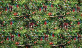 Katoen met elastan stoffen - Tricot stof - digitaal papegaai in jungle - multi - 7510-033