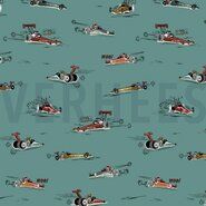 By Poppy - Tricot stof - Soft sweattricot fast cars - groen - 7758-006