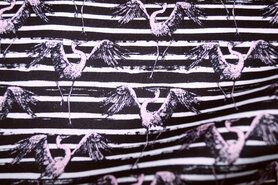 Polytex stoffen uitverkoop - Stretch stof - satin kraanvogel - zwart/wit/roze - 967131-61