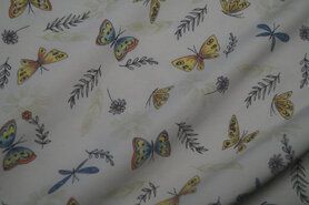Katoen met elastan stoffen - Tricot stof - vlinders - off-white/pastel - 1588-050
