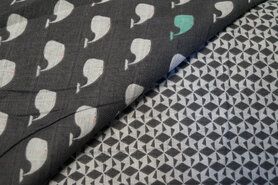 Dierenmotief stoffen - Katoen stof - walvis fantasie - donkergrijs - 961074