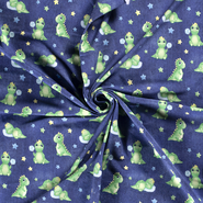Katoen met elastan stoffen - Tricot stof - French Terry dino's - jeansblauw/groen - 16485-008