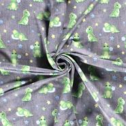Dino stoffen - Tricot stof - French Terry dino's - jeansgrijs/groen - 16485-061