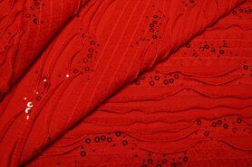 Rode stoffen - S40 Tricot ruches en paillettes rood