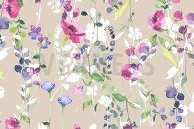 Beige stoffen - Katoen stof - Canvas digitaal romantic flowers - zand/multi - 9284-002