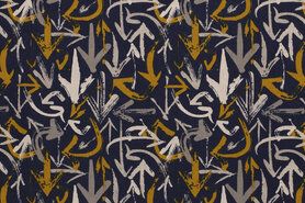 Kussen stoffen - Katoen stof - Interieur en decoratiestof pijltjes - donkerblauw/oker/grijs - 1474-008