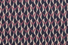Kussen stoffen - Katoen stof - Interieur en decoratiestof fantasieprint - wit/donkerblauw/pruim - 1475-017