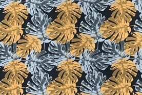 Bladeren motief - Polyester stof - Travel bladeren - grijs - 18570-970