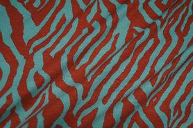 Turquoise stoffen - Tricot stof - strepen zebra - turquoise/rood - 17063-014