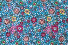 Katoenen stoffen - Katoen stof - bloemenprint - turquoise - 310139-43