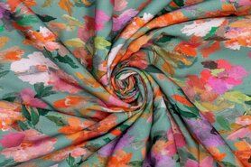 Viscose stoffen - Viscose stof - colorfull flowers - groen/multi - 922700-10