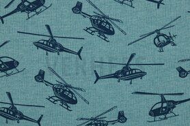Voertuigen motief stoffen - Tricot stof - sweattricot helicopter - smoke blue - 9330-032