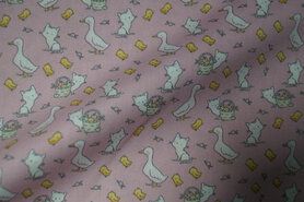 Katoen Dapper stoffen - Baumwolle - Enten und Katzen - rosa - 15786-014