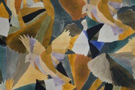 Okergele stoffen - Tricot stof - birds patchwork - oker/grijs - 18303-322