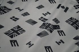 Zwart / Wit stoffen - P57 Bedrukt peachskin vlaggen wit/zwart
