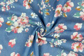 Blumenmotiv - Katoen stof - jeans bloemen - licht jeansblauw - 9587-001
