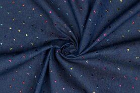 Jumpsuit stoffen - Katoen stof - jeans multicolour hearts foil - blauw - 2512-001