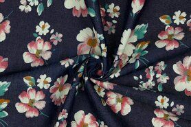 Jeans stoffen - Spijkerstof - flowers - indigo - 9587-008