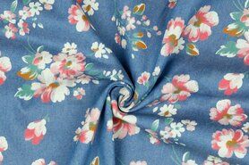 Blauwe stoffen - Spijkerstof - flowers - bleached jeansblauw - 9587-001