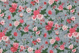 Jeans blauwe stoffen - Spijkerstof - pink flowers - jeansblauw - 9021-001
