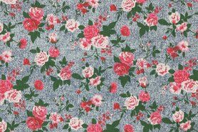Jeans stoffen - Spijkerstof - pink flowers - jeansblauw - 9021-001