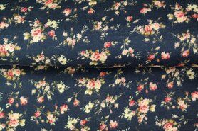 Blauwe stoffen - Katoen stof - hydrofielstof bloemen - donkerblauw - 19108-15