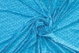 Katoenen tricot stoffen - Tricot stof - blaadjes - turquoise - 325023-31
