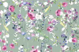 Katoenen stoffen - Katoen stof - canvas digitaal romantic flowers - mint - 9284-007