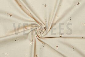 Ecru stoffen - Tricot stof - foil bloemen en dots - zalmroze - 19/9913-003