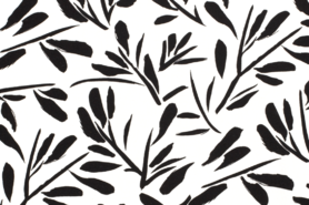Stoffe - Viscose stof - half linnen bladeren - zwart wit - 17130-069