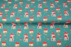 Turquoise stoffen - Tricot stof - digitaal fantasie paddestoelen - turquoise - 20204-09