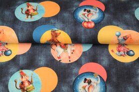 Multi kleur stoffen - Tricot stof - french terry digitaal circus ballen - blauw multi - 20519-99