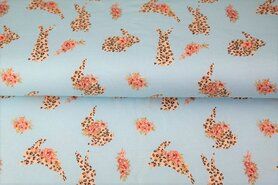 katoenen stoffen met print - Katoen stof - poplin konijntjes panterprint bloemen - lichtblauw - 19115-09