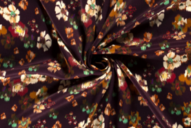 Bordeauxrode stoffen - Viscose stof - satijn bedrukt bloemen - bordeaux - 18294-018