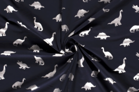 Donkerblauwe stoffen - Tricot stof - bedrukt folie dino's - donkerblauw zilver - 18165-008