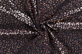 Bronze stoffen - Tricot stof - bedrukt folie luipaard - donkerblauw rose goud - 18166-008