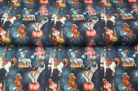 Jeans blauwe stoffen - Tricot stof - french terry digitaal circus dieren - jeansblauw - 20521-09