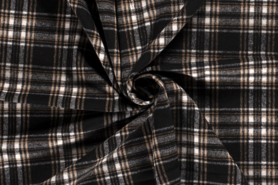 Kledingstoffen - Polyester stof - jacquard brushed ruiten - zwart beige - 18035-069