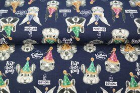 Donkerblauwe stoffen - Tricot stof - digitaal fantasie dieren happy birthday - donkerblauw - 20243-15