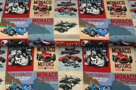 Fahrzeuge-Motiv - Tricot stof - french terry digitaal monaco racing - blauw rood ecru - 20407