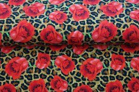Stenzo Tricot stoffen - Tricot stof - digitaal panterprint rozen - bruin rood - 20965-33