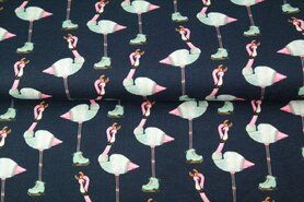 Dierenmotief stoffen - Tricot stof - french terry digitaal flamingo op schaatsen - donkerblauw - 20502-15
